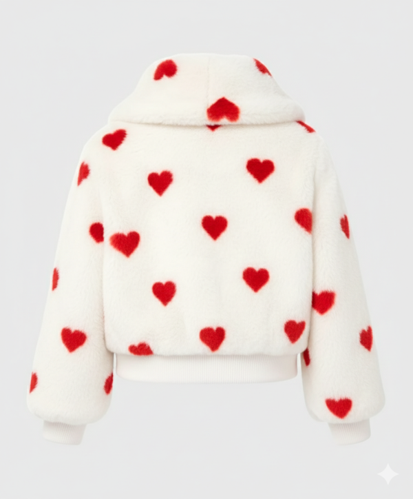 Women’s red heart printed white fur fleece cropped jacket