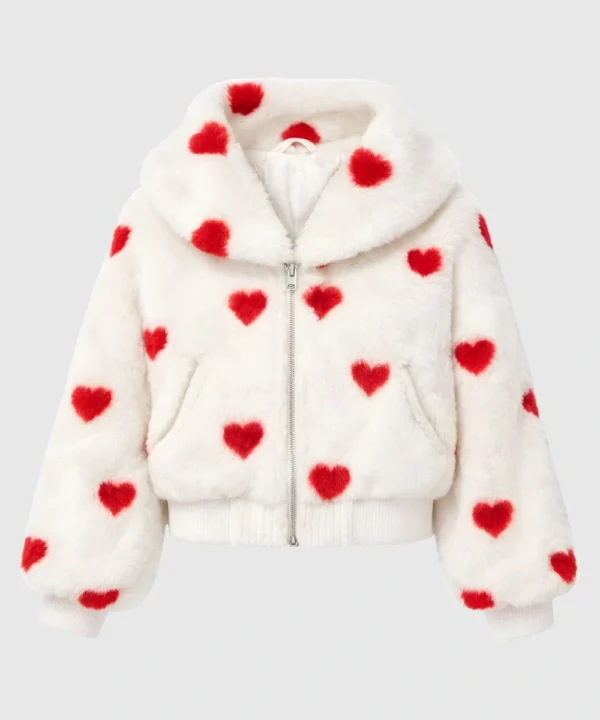 Women’s Valentine white cropped jacket with red heart print and fur fleece