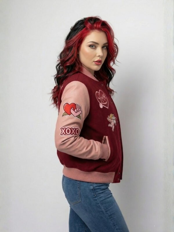 Women’s heart embroidery varsity jacket in red