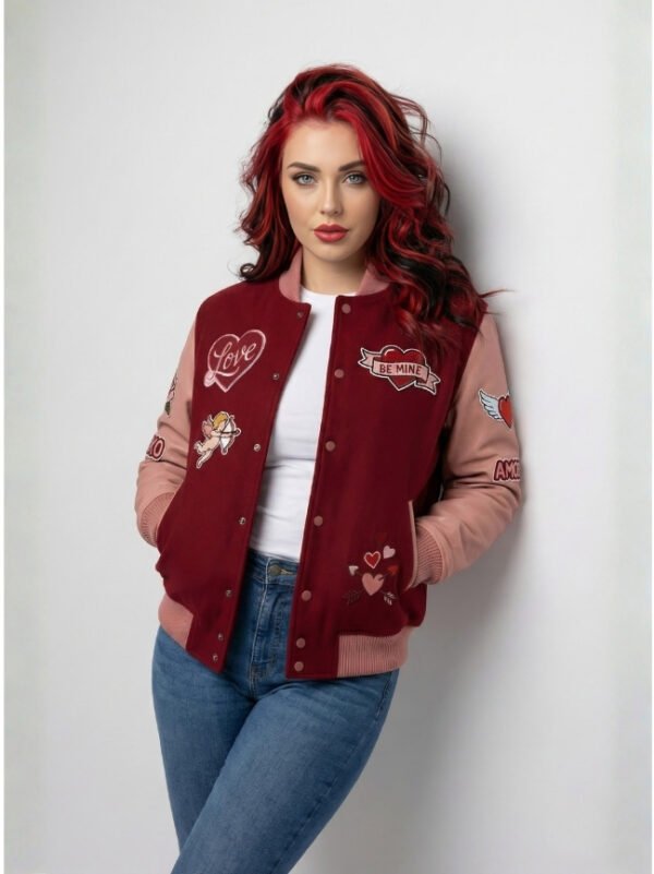 Women’s romantic love patch red bomber varsity jacket