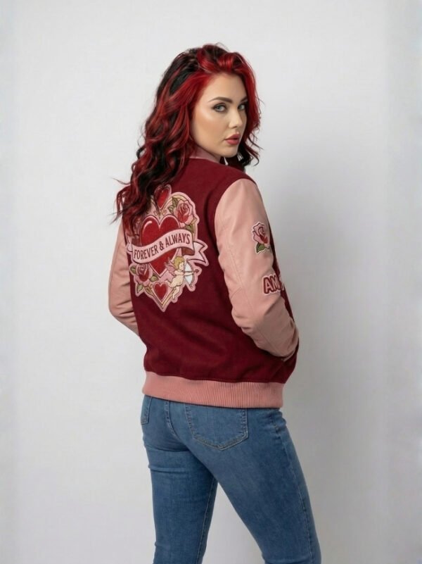 Women’s red varsity jacket with heart patches
