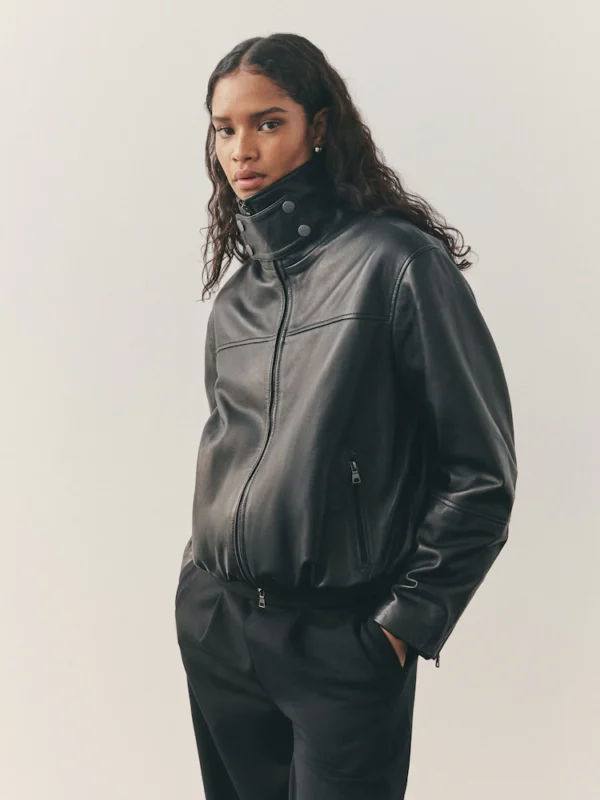 black leather bomber jacket with classic stylish design
