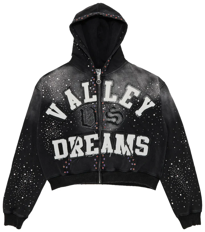 Front view of Vale Forever Valley Dreams Classico black zip-up hoodie