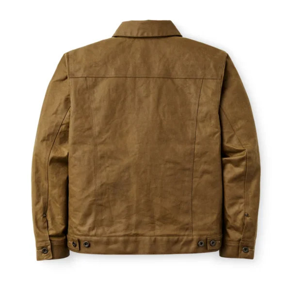 Rear view of the jacket showing clean seams and hip-length cut.