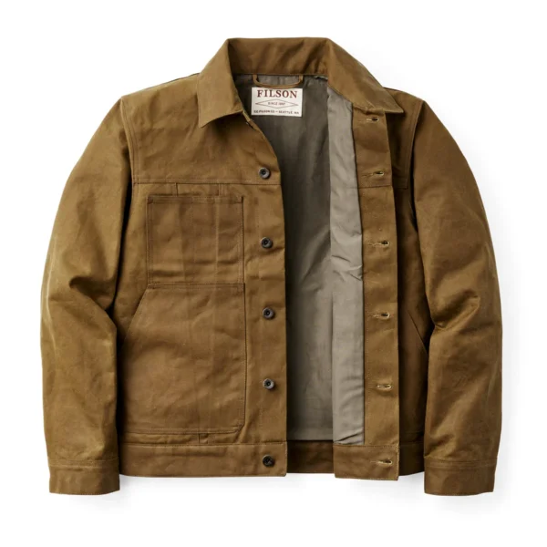 Front view of the brown Filson Tin Cloth jacket with shirt-style collar.