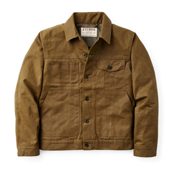 Front view of the brown Filson Tin Cloth jacket with shirt-style collar.