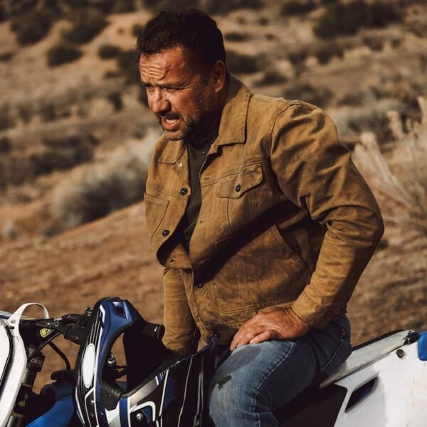 Front view of the brown Filson Tin Cloth jacket with shirt-style collar.