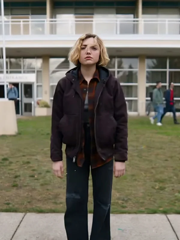 Maddie Nears brown jacket from School Spirits Season 1 stylish outfit