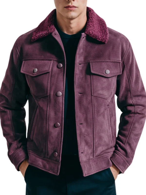 men’s burgundy suede jacket with sherpa collar warm winter outerwear