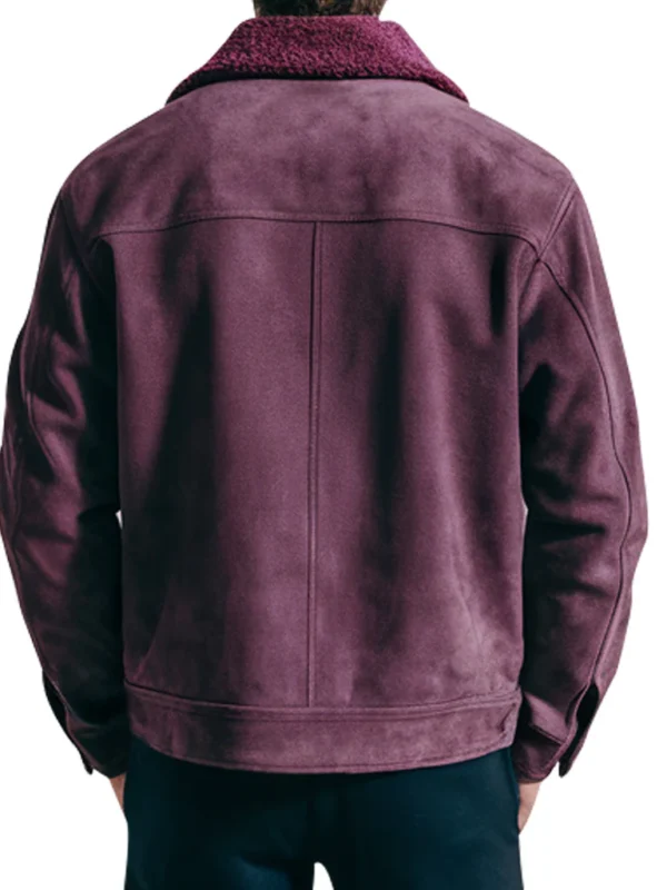 men’s burgundy suede jacket with sherpa collar side view stylish winter jacket