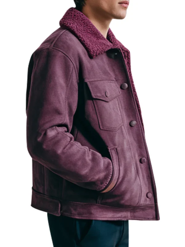 men’s burgundy suede jacket with sherpa collar back view classic outerwear