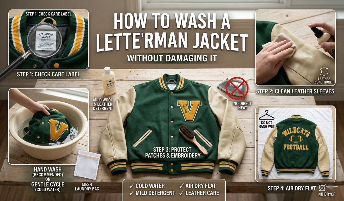 Proper way to clean a varsity jacket without harming fabric or leather