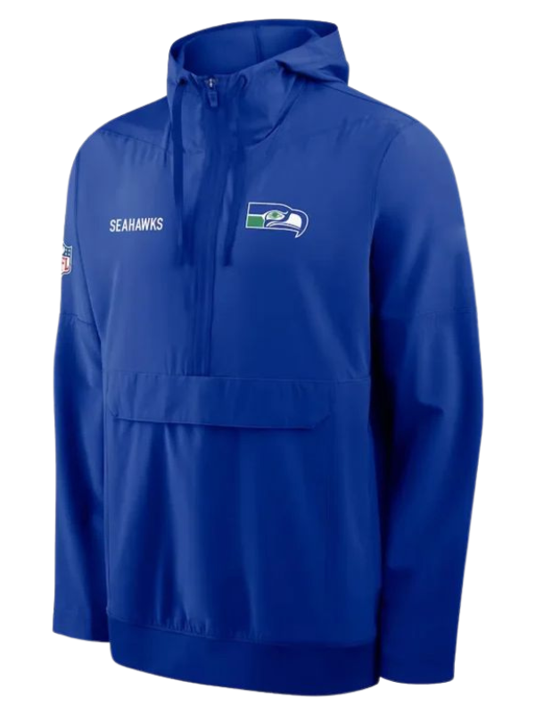 Front view of blue Seattle Seahawks sideline anorak hoodie jacket.
