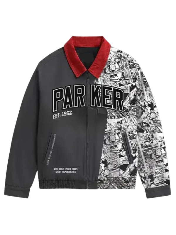 High-resolution main front view of the custom-made Spider-Man Brand New Day Parker jacket on a pure white background.