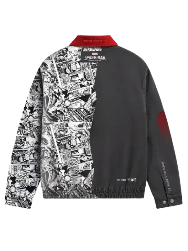 High-resolution back view of the custom-made Spider-Man Brand New Day 2026 Parker jacket on a pure white background.