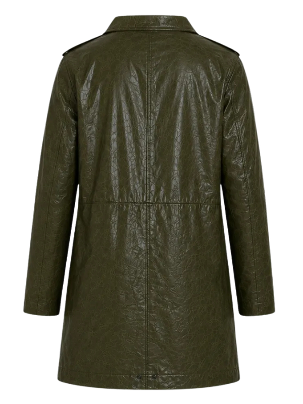 Detailed back close-up view of the custom-made Spider-Man Brand New Day Sadie Sink green leather coat.