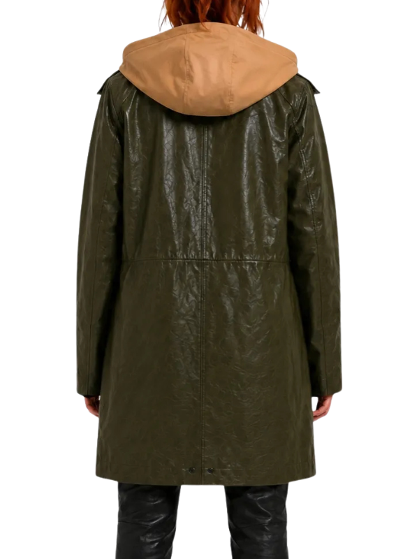 High-resolution back view of the custom-made Spider-Man Brand New Day Sadie Sink green leather coat on a pure white background.