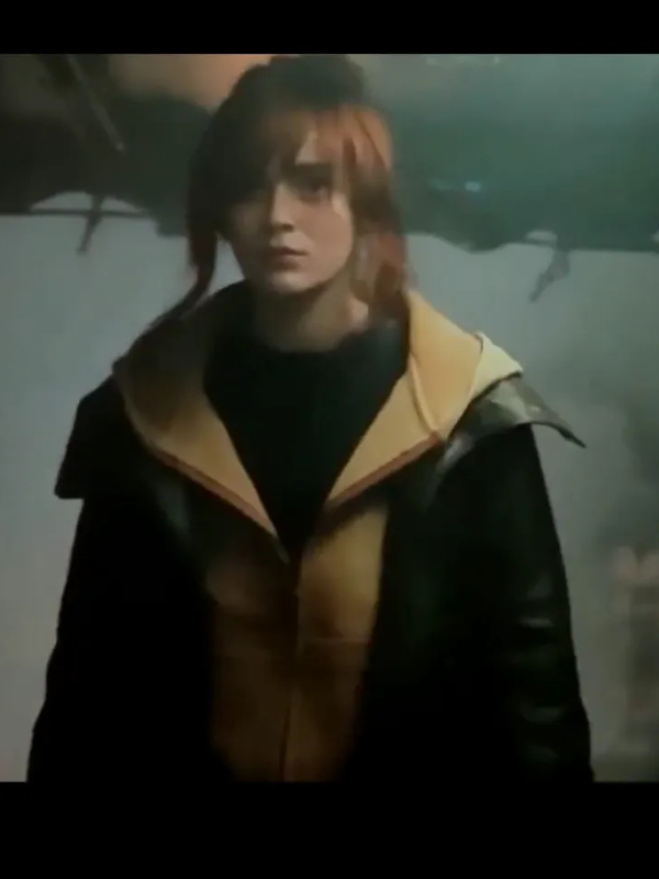 Front-angled view of a custom character model wearing the Spider-Man Brand New Day Sadie Sink green leather coat on a pure white background.