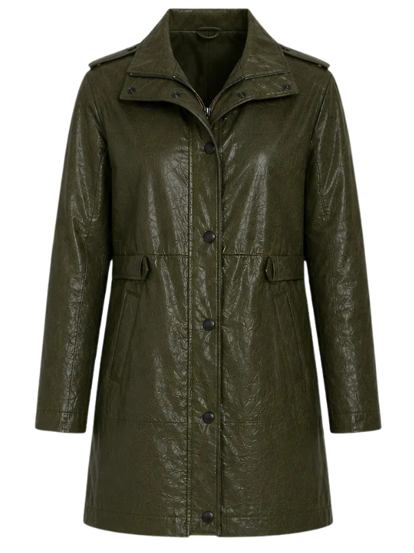 Detailed front close-up view of the custom-made Spider-Man Brand New Day Sadie Sink green leather coat.
