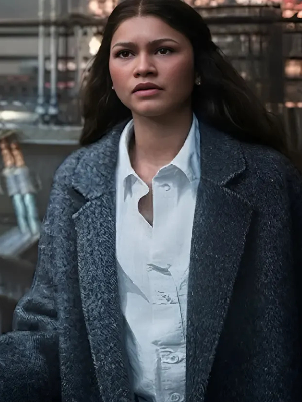 High-resolution main front view of the custom-made Zendaya Spider-Man Brand New Day 2026 grey coat on a pure white background.