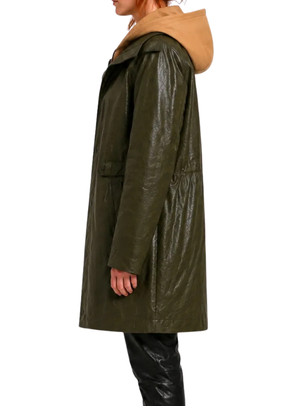 Side view of the custom-made Spider-Man Brand New Day Sadie Sink green leather coat on a pure white background.