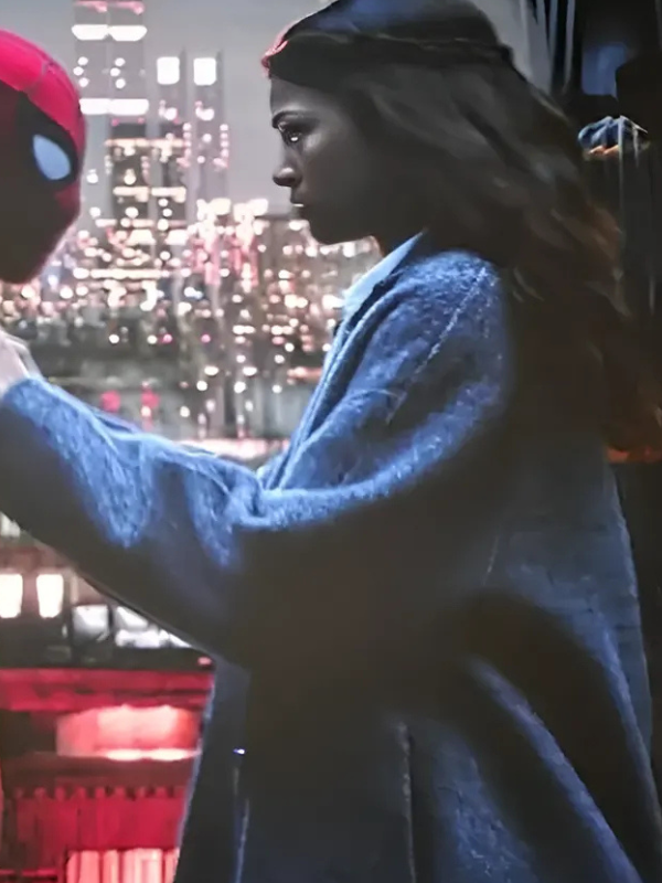 Side view of the custom-designed MJ Zendaya Spider-Man Brand New Day 2026 grey long wool coat.