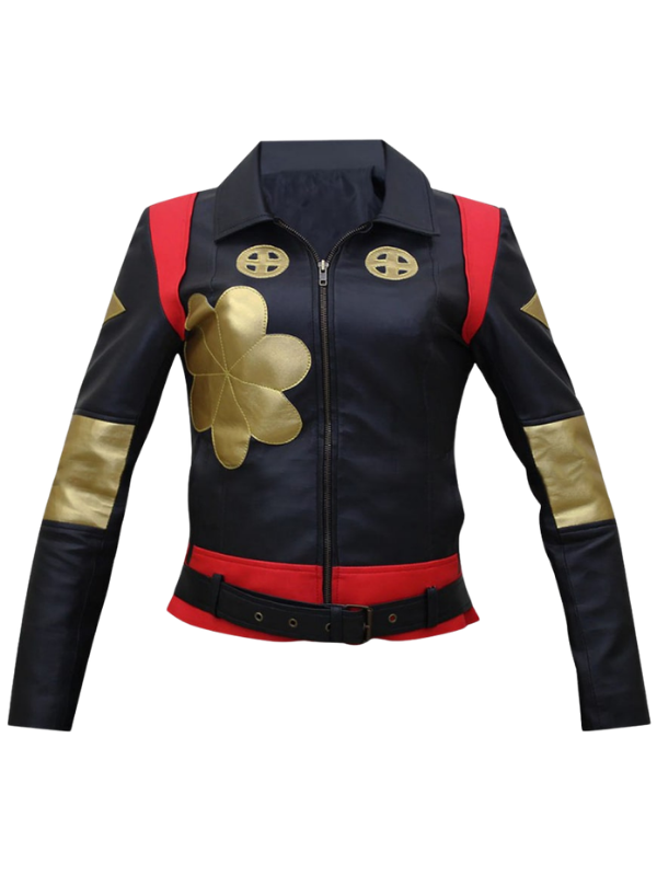 High-resolution main front view of the custom-made Suicide Squad Karan Fukhrana Katana leather jacket on a pure white background.