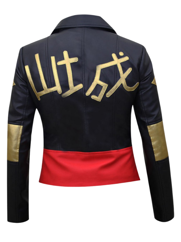 High-resolution back view of the custom-made Suicide Squad Karan Fukhrana Katana leather jacket on a pure white background.