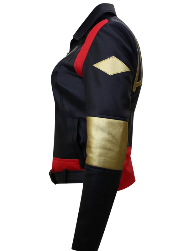 Side view of the custom-made Suicide Squad Karan Fukhrana Katana leather jacket on a pure white background.