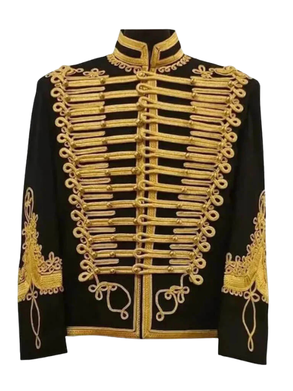 High-resolution main front view of the custom-made Black Hussar marching band jacket on a pure white background.