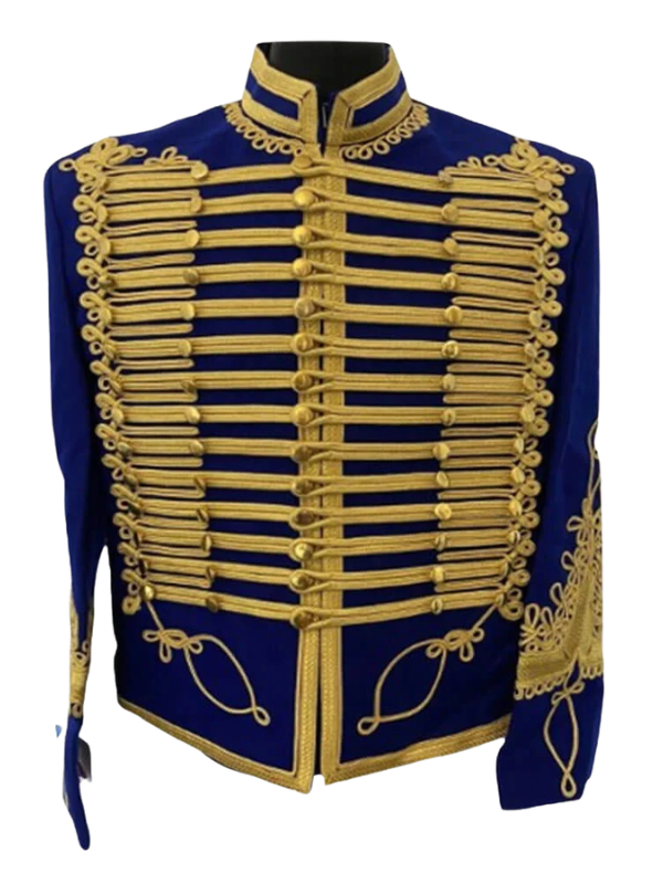 High-resolution main front view of the custom-made Blue Hussar marching pipe band jacket on a pure white background.
