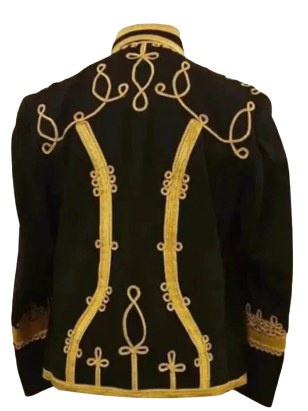 High-resolution backside view of the custom-made Black Hussar marching band jacket on a pure white background.