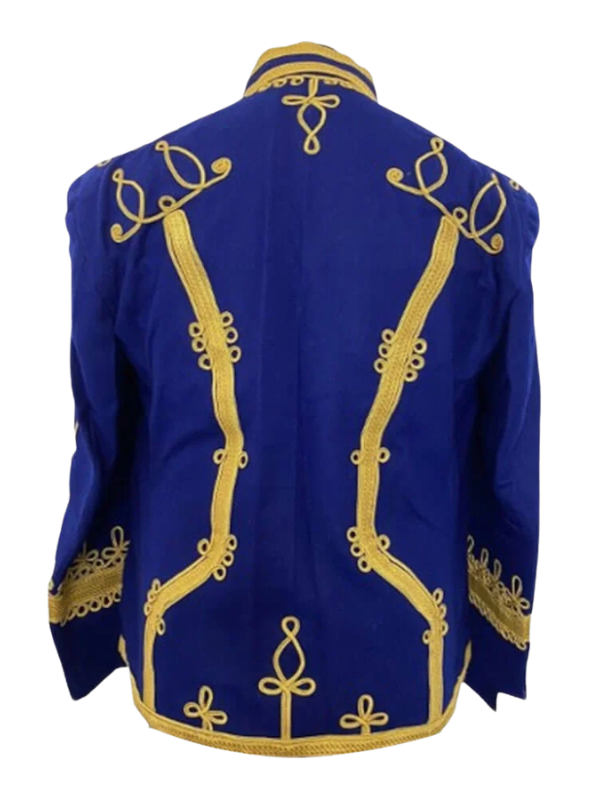 High-resolution backside view of the custom-made Blue Hussar marching pipe band jacket on a pure white background.