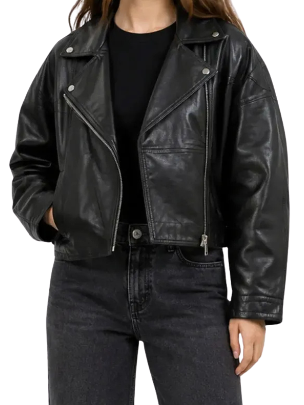 High-resolution main front view of the custom-made black biker leather jacket on a pure white background.