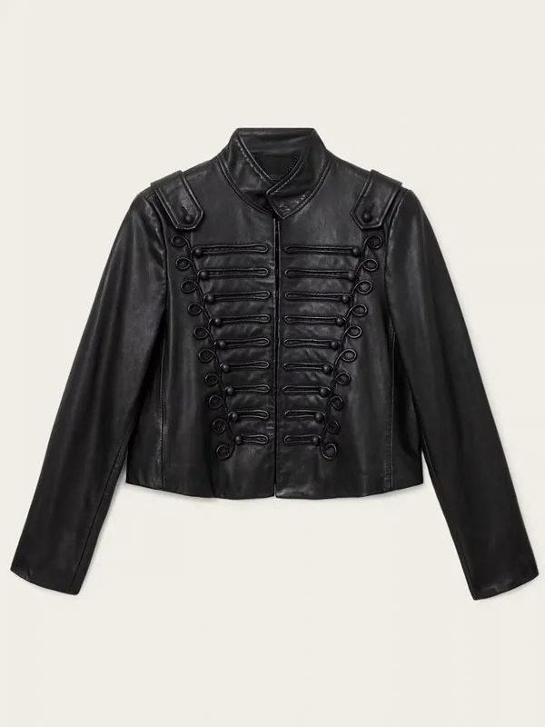 High-resolution main front view of the custom-made black military leather jacket on a pure white background.