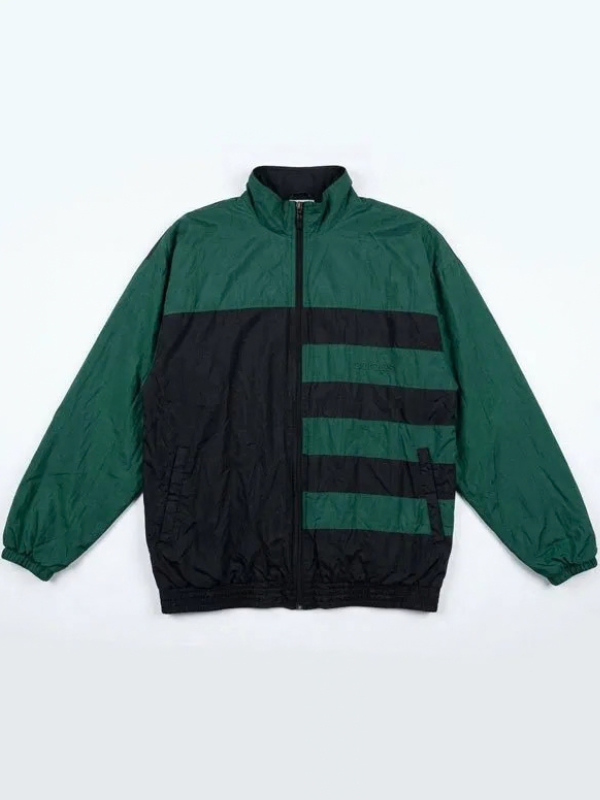 High-resolution main front view of the custom-made black and grey windbreaker jacket on a pure white background.