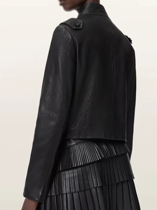 High-resolution secondary view of the custom-designed black military leather jacket on a pure white background.