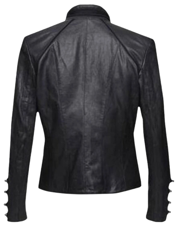 High-resolution back view of the custom-made women's black military jacket on a pure white background.