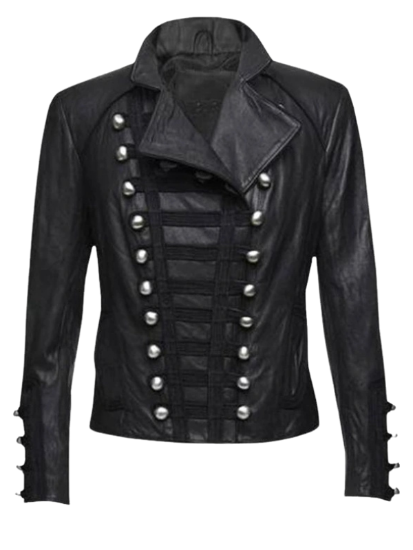 High-resolution main front view of the custom-made women's black military leather jacket on a pure white background.