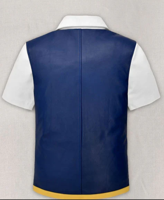 Third angled view of the custom-made Ash Ketchum Pokémon leather jacket on a pure white background.
