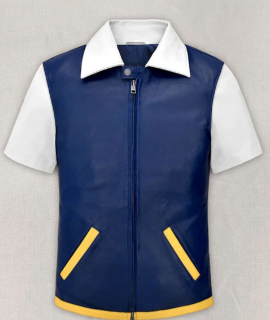 High-resolution main front view of the custom-made Ash Ketchum Pokémon leather jacket on a pure white background.