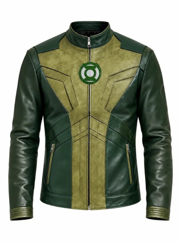 High-resolution main front view of the custom-made Lanterns Hal Jordan green leather jacket on a pure white background.