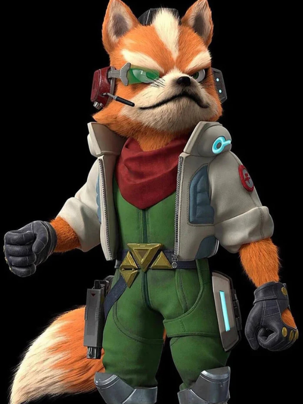 Third angled view of the custom-made Fox McCloud cosplay aviator jacket on a pure white background.