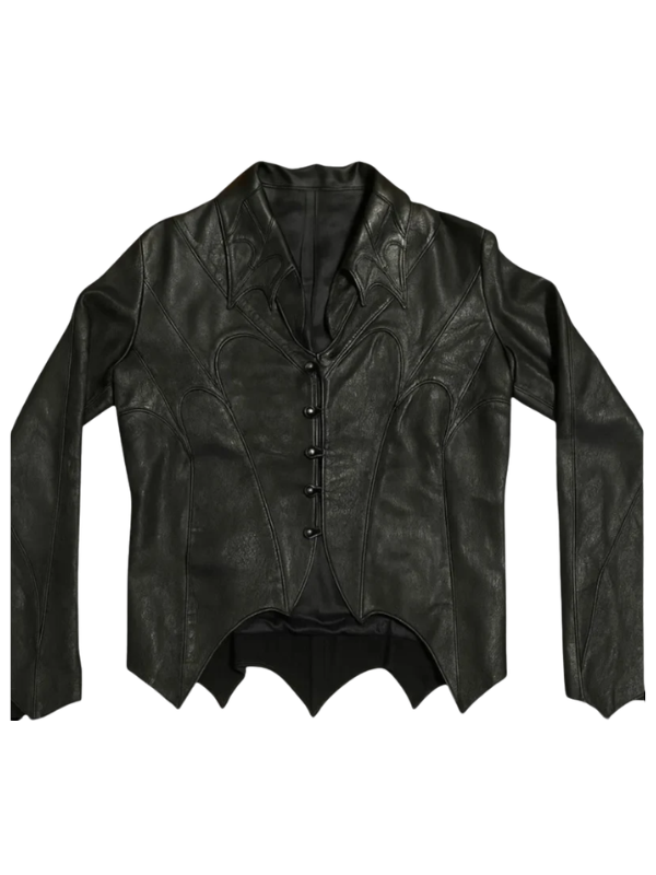 Third angled view of the custom-made Papa Emeritus V Ghost band cosplay leather jacket on a pure white background.