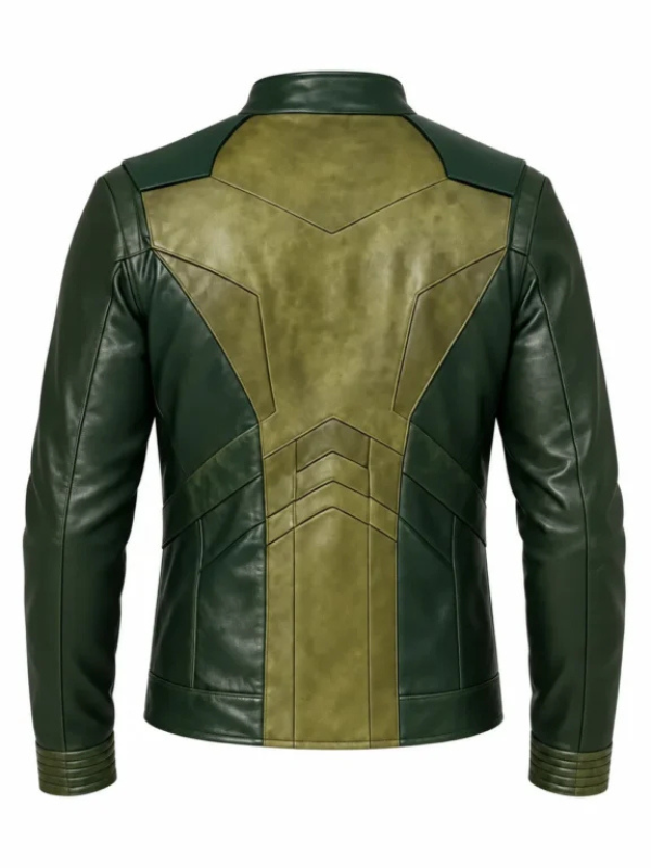 Third angled view of the custom-made Lanterns Hal Jordan green leather jacket on a pure white background.