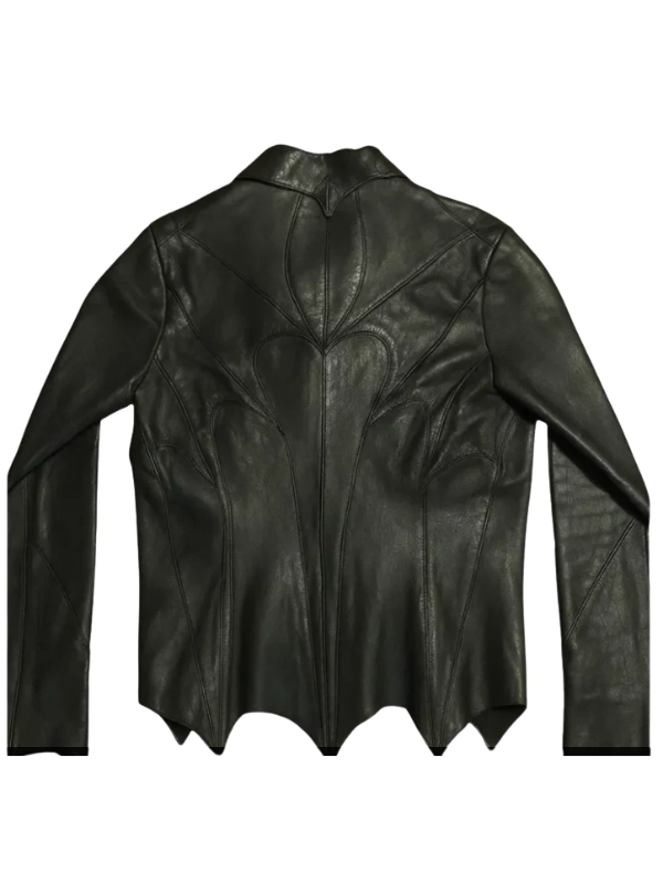 Fourth high-resolution view of the custom-made Papa Emeritus V Ghost band cosplay leather jacket on a pure white background.