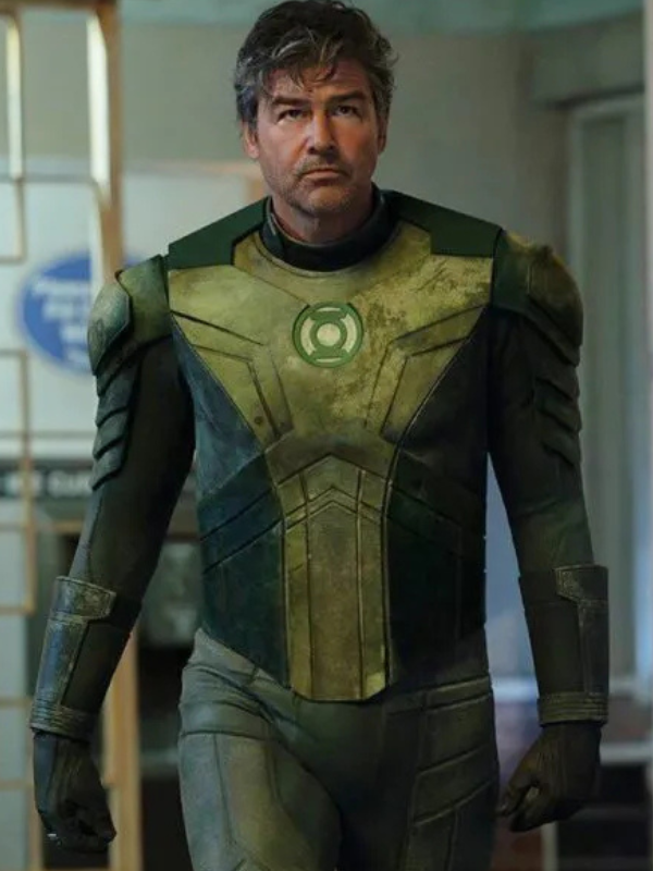 High-resolution secondary view of the custom-designed Lanterns Hal Jordan green leather jacket on a pure white background.