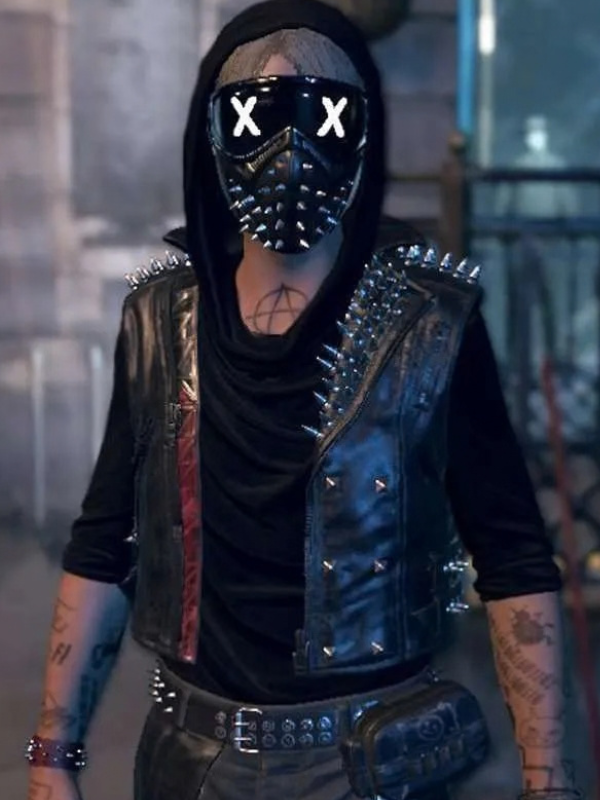 High-resolution main front view of the custom-made black leather studded vest on a pure white background.