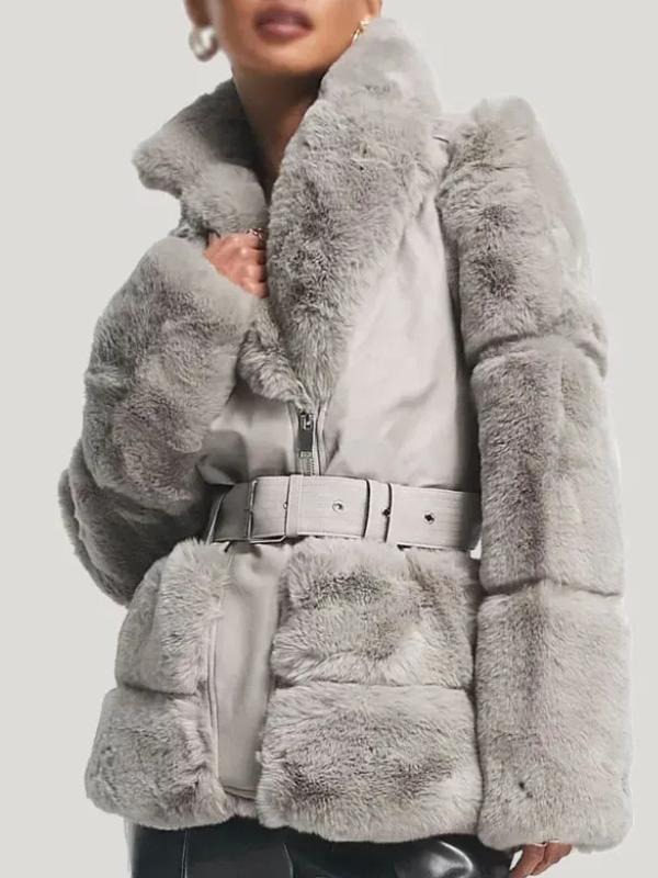 High-resolution main front view of the custom-made faux shearling leather jacket on a pure white background.