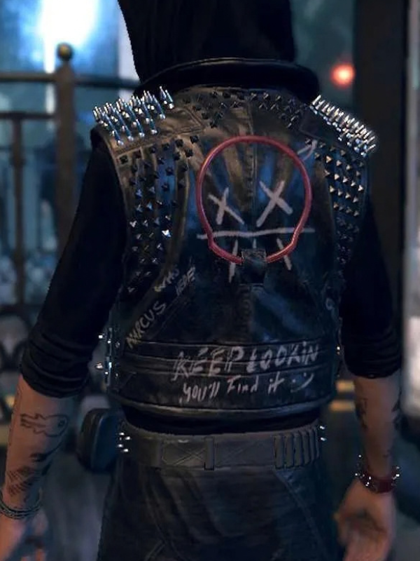 High-resolution secondary view of the custom-designed black leather studded vest on a pure white background.